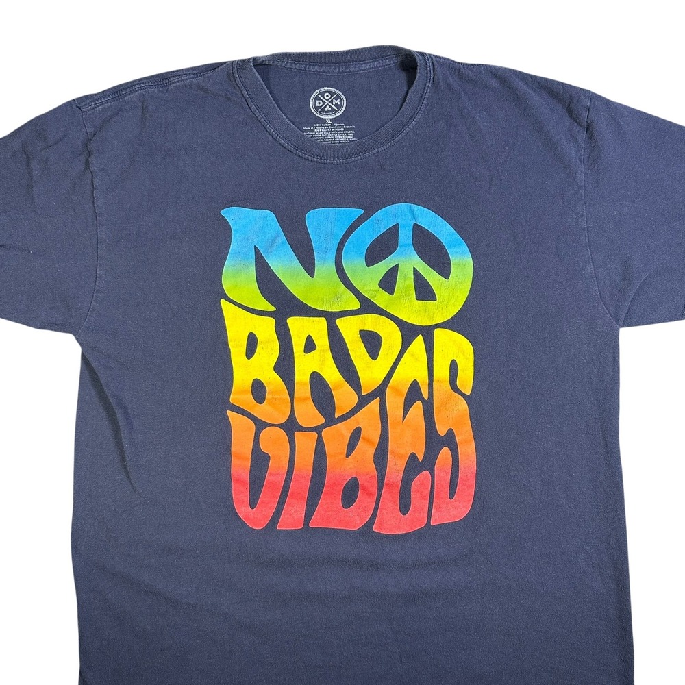 No Bad Vibes Peace Sign Graphic T-Shirt Mens XL Navy Blue Rainbow Cotton DOM